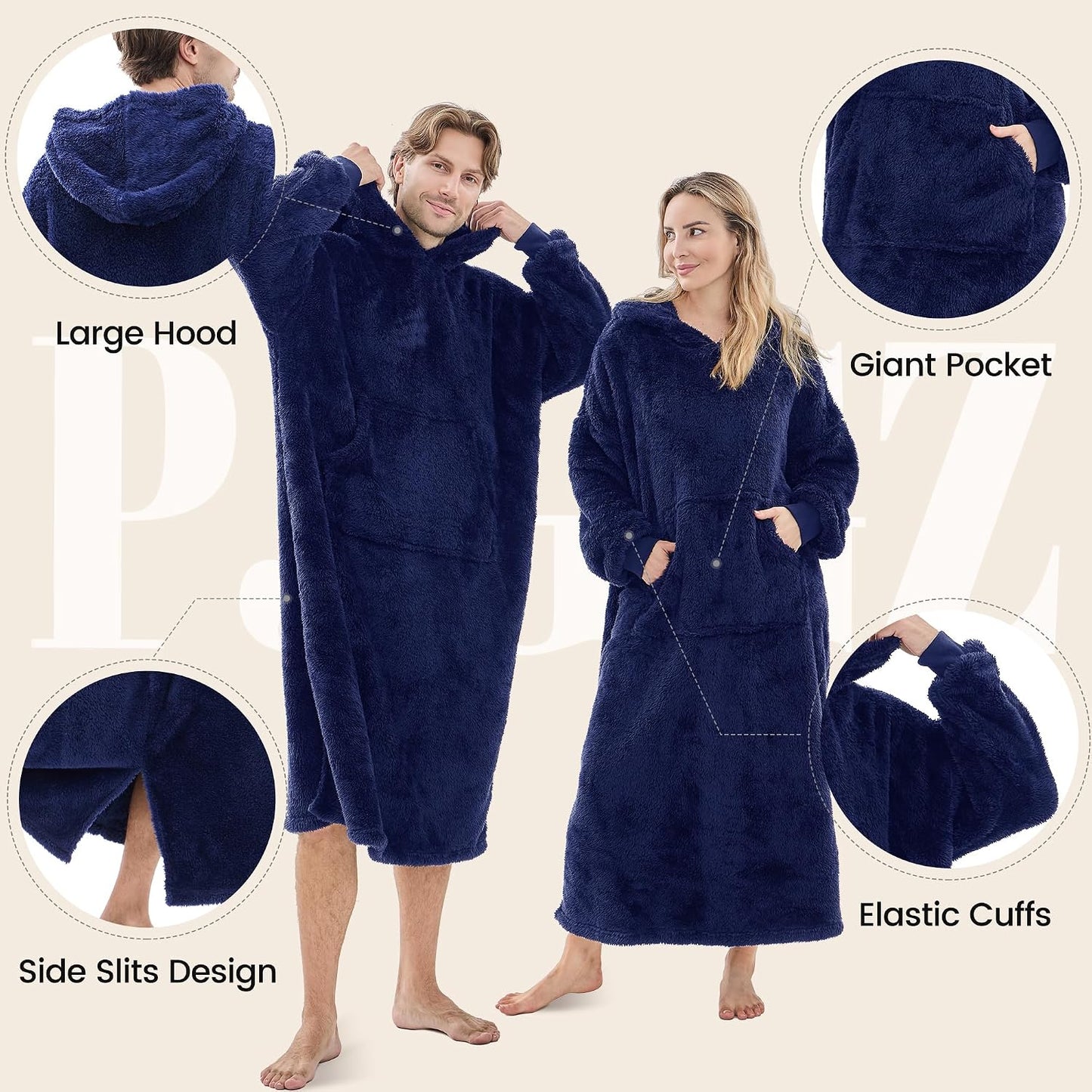PJGGZ Wearable Blanket Hoodie for Women Men, Fleece Warm Comfy Hooded Sweatshirt with Pockets & Sleeves Cozy Gift for Adult