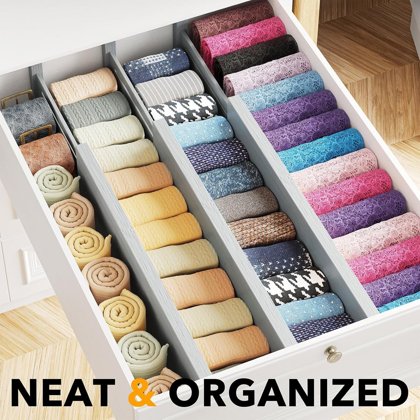 SpaceAid Bamboo Dresser Drawer Dividers 6 Pack, 4.65“ High Adjustable 12.5“-17” Drawer Organizers, Expandable Organization for Clothing, Clothes, Dressers, Natural