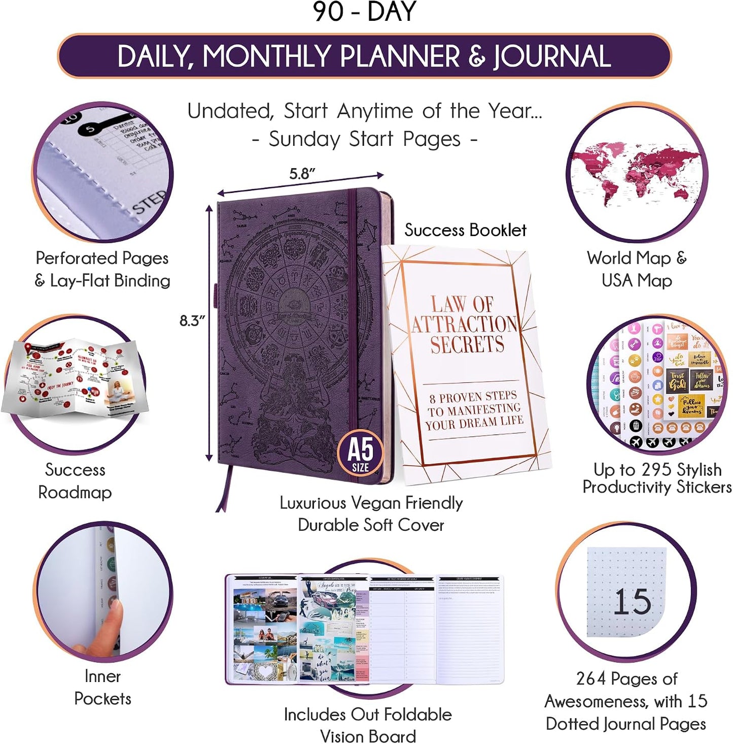 Freedom Mastery Daily Journal of Gratitude, Productivity & Habit Tracker | Undated 90-Day Planner with Daily Reflection, Mindfulness, Positivity, Vision Board & Stickers, Gratitude Journal for Women