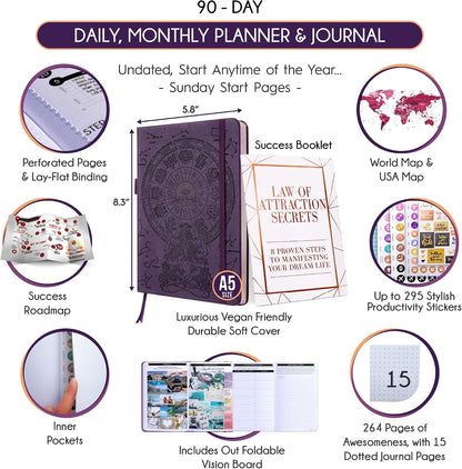Freedom Mastery Daily Journal of Gratitude, Productivity & Habit Tracker | Undated 90-Day Planner with Daily Reflection, Mindfulness, Positivity, Vision Board & Stickers, Gratitude Journal for Women