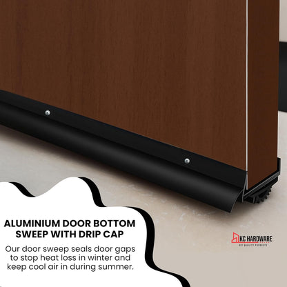 U Shaped Aluminum Door Bottom Sweep with Drip Cap, Draft Stopper for Bottom of Door, Weather Stripping Seal for Exterior and Interior Doors, 1 3/4" Width, Black (36 Inch)