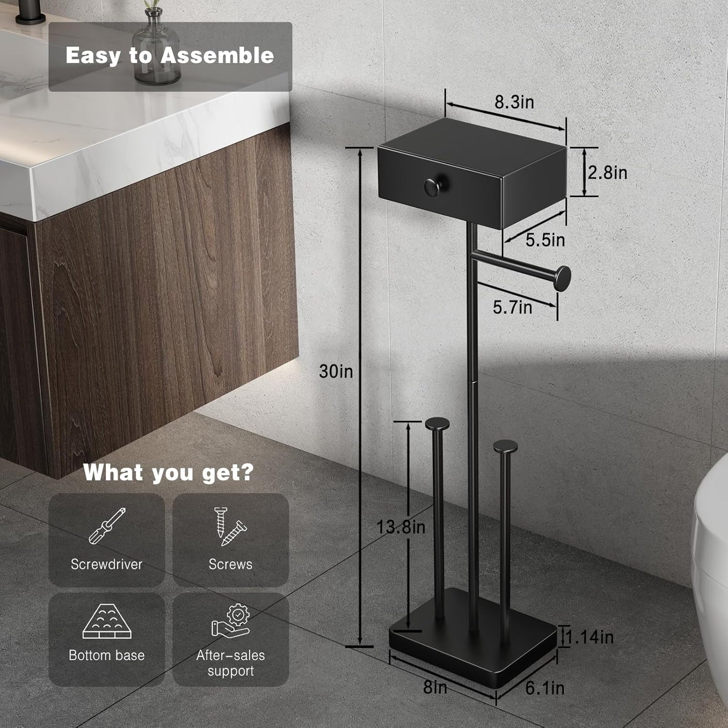 VOLDRA Toilet Paper Holder with Shelf Black Wipes Dispenser for Bathroom Toilet Paper Holder with Storage Upgrade Drawer Design Toilet Tissue Holder Adhesive Small Bathroom Shelf Wall Mount