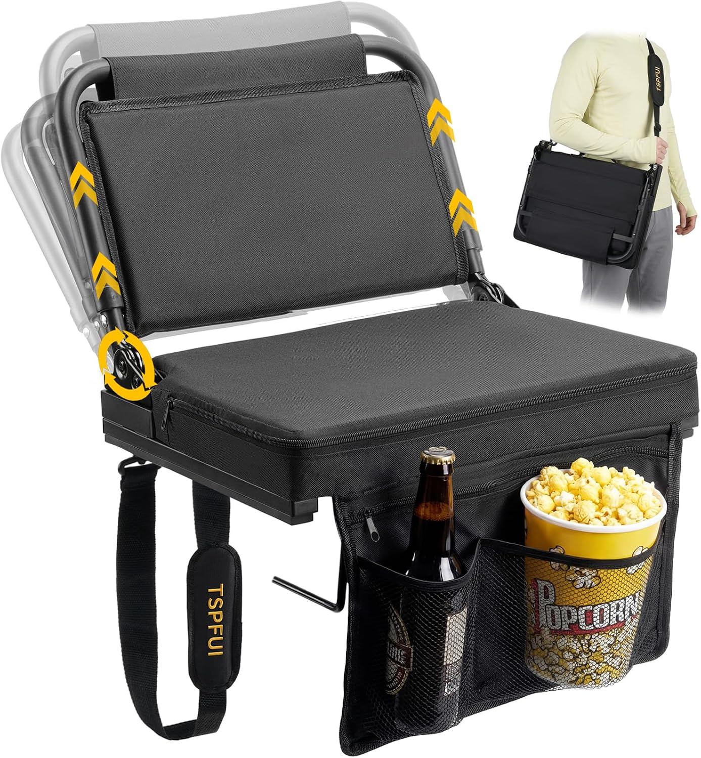 Heated Stadium Seat, Folding Chair with Back Support for Bleachers | 5-Position Adjustable Backrest, 16.5" Wide Seat, USB Heating Pad (Power Bank NOT Included), Supports 330 lbs, Carry Strap