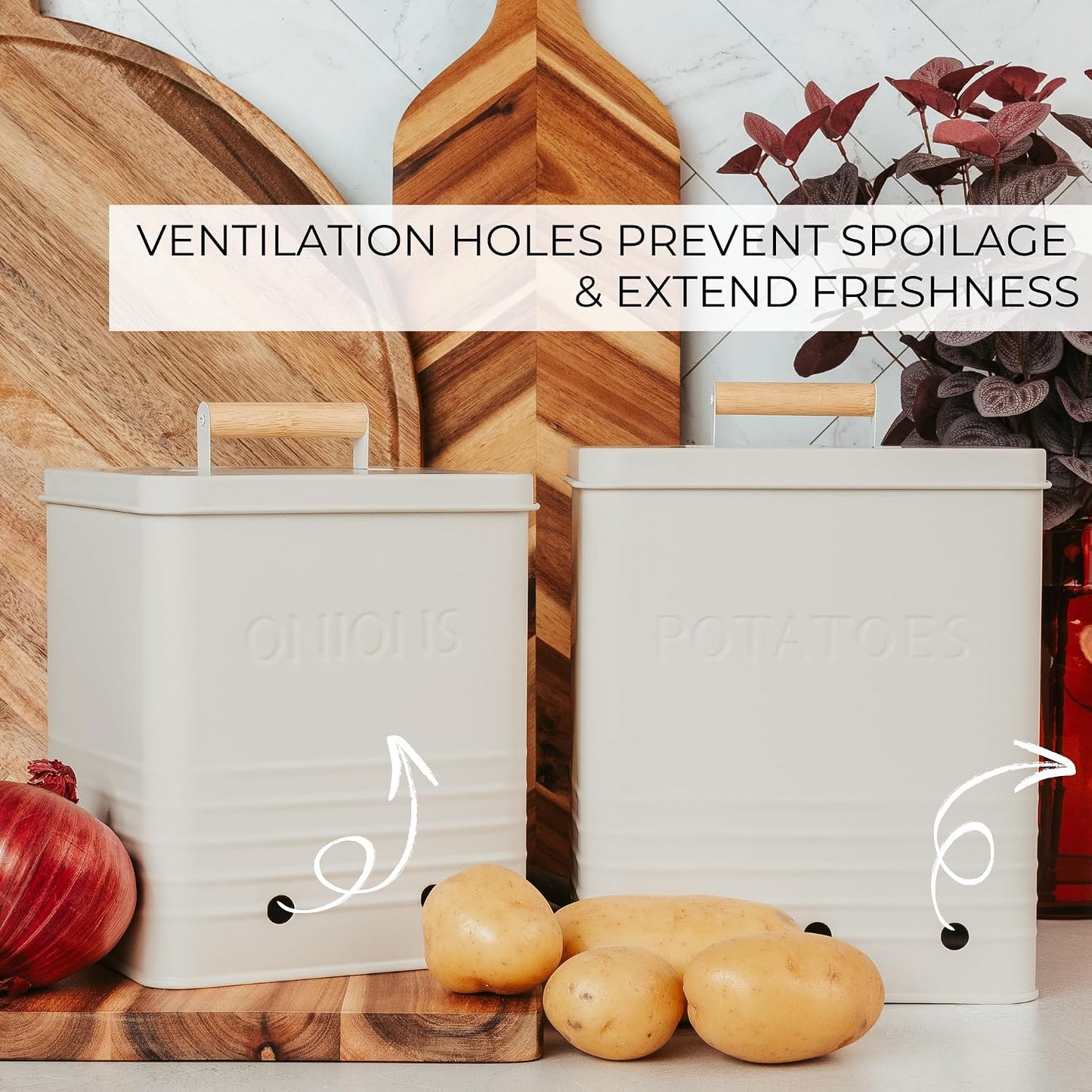 Beautiful Potato and Onion Storage Container Set - Food Safe Metal Bins | Spacious 10.1" and 8.9" Canisters for Your Kitchen Counter or Pantry - Keeps Produce Fresh Longer