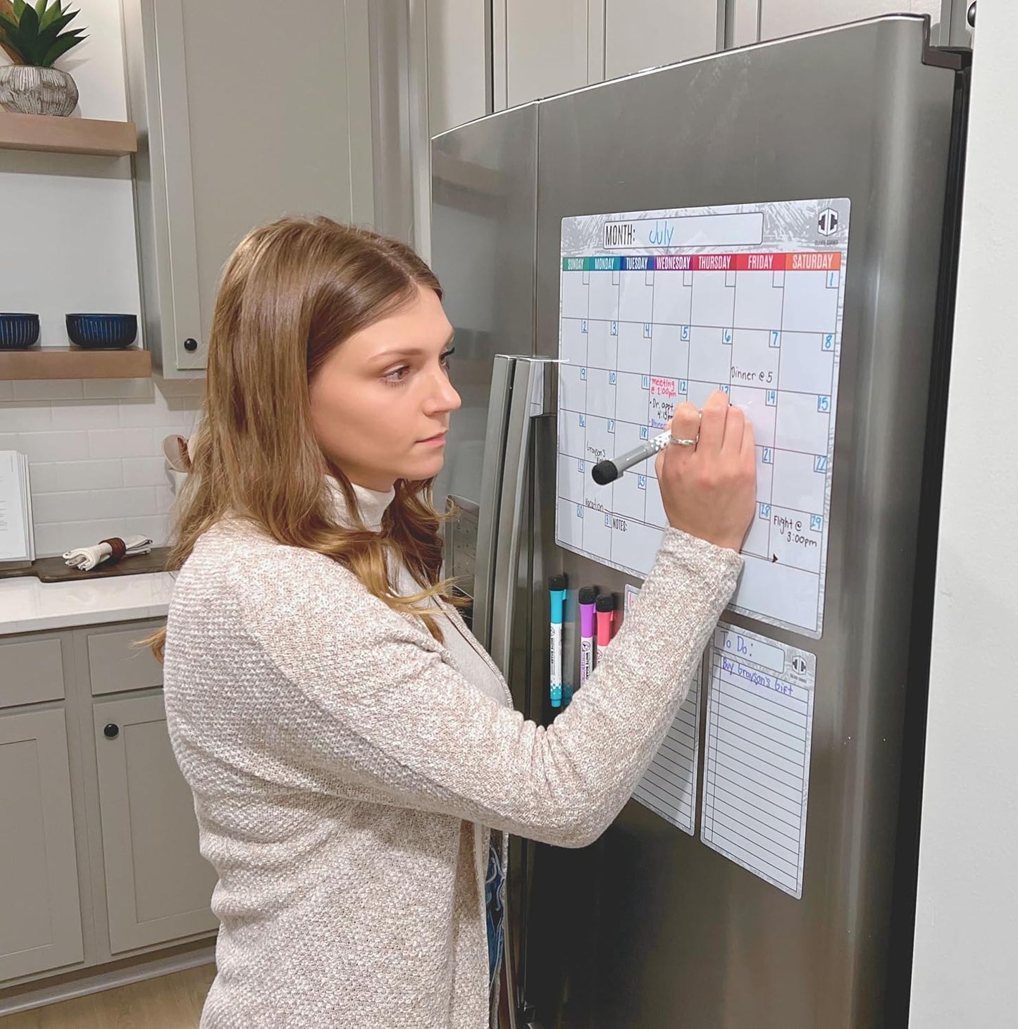 Dry Erase Magnetic Calendar for Refrigerator 16.5x13; 2 Wide Notepads; 4 Markers; Eraser - No Stain Monthly Fridge Calendar Whiteboard