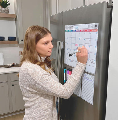 Dry Erase Magnetic Calendar for Refrigerator 16.5x13; 2 Wide Notepads; 4 Markers; Eraser - No Stain Monthly Fridge Calendar Whiteboard
