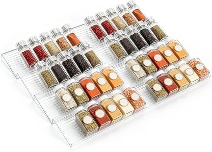 4 Pack Spice Drawer Organizer, Acrylic Spice Rack Expandable From 9" to 18", Clear Seasoning Organizer Tray for Kitchen Holds up to 24 Jars (Jars Not Included)