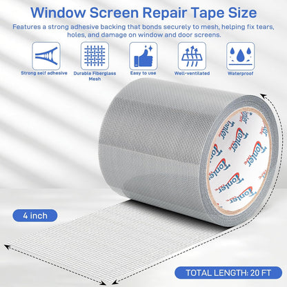 Gray Window Screen Repair Tape 2" x 40FT Fiberglass Strong Adhesive | Waterproof fiberglass mesh repair patch, fixes holes and tears, easy to cut and stick for window door screen repair