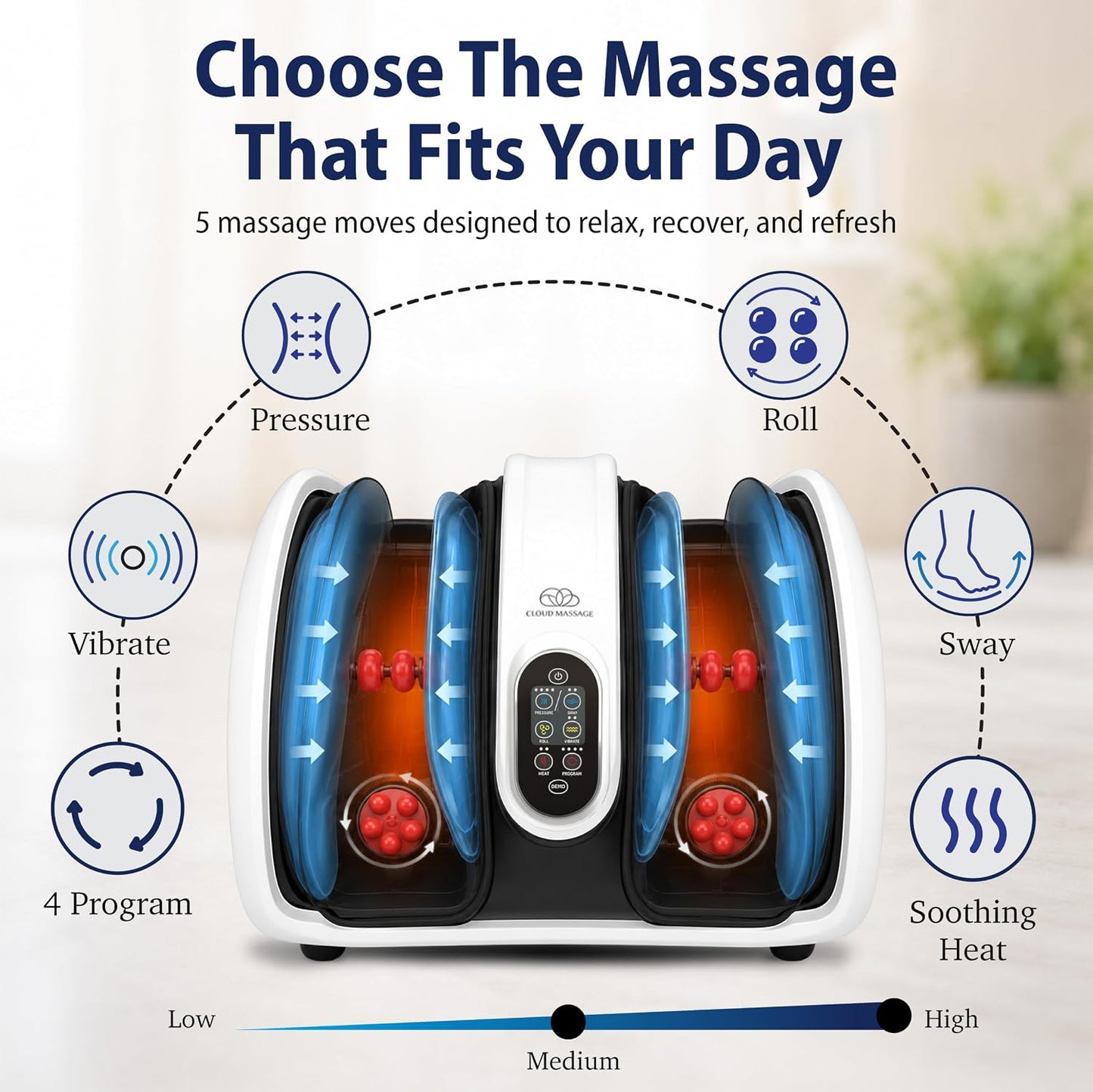 Shiatsu Foot Massager with Heat, Standard Size, White | Deep Kneading & Compression, Adjustable Intensity, Multi-Mode Leg and Foot Massager with Remote Control, Anti-Slip Base