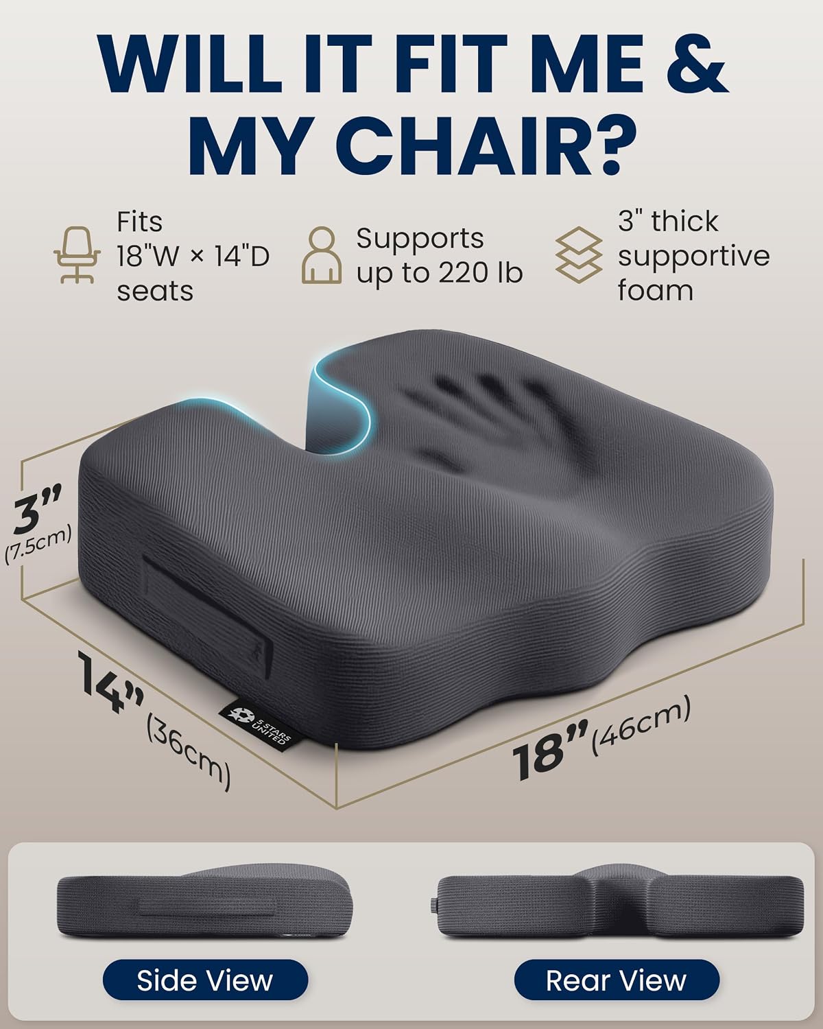5 STARS UNITED Seat Cushion - Memory Foam Chair Cushion for Tailbone Pain Relief - Ergonomic Support for Coccyx, Sciatica & Butt - Office, Desk & Gaming Chair, Car Seat, Wheelchair, Airplane, Black
