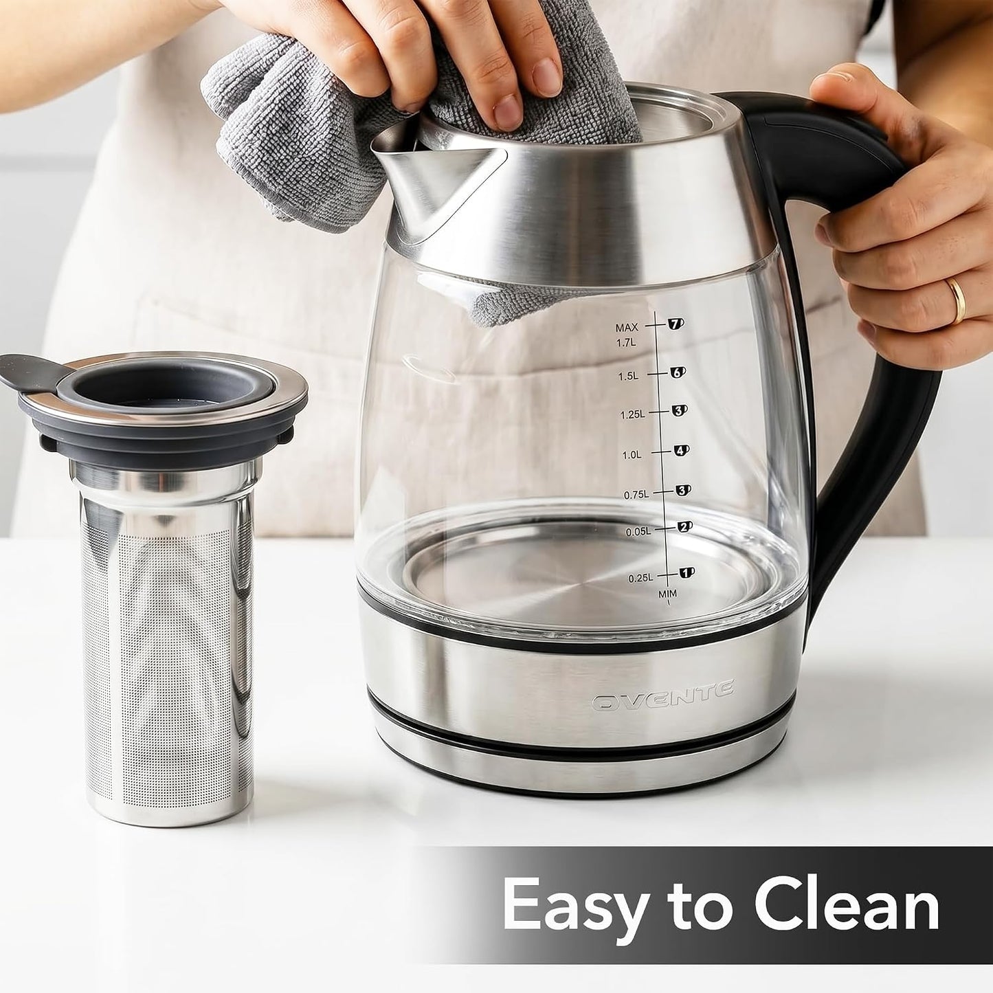 OVENTE 1.8L Glass Electric Kettle with Tea Infuser, Silver KGD752S | 1500W Fast Boiling, Easy Fill Lid, 7 Temperature Control, Keep Warm, Digital Display, Auto Shut-Off, Boil-Dry Protection