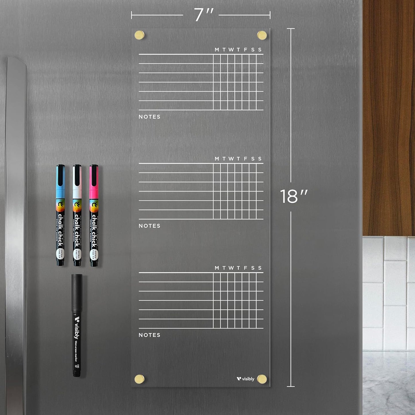 Magnetic Acrylic Chore Chart for Fridge - 7” x 18” Wet-Erase Task Board with 4 Magnetic Markers, Clear Reusable Refrigerator Organizer with Black Magnets