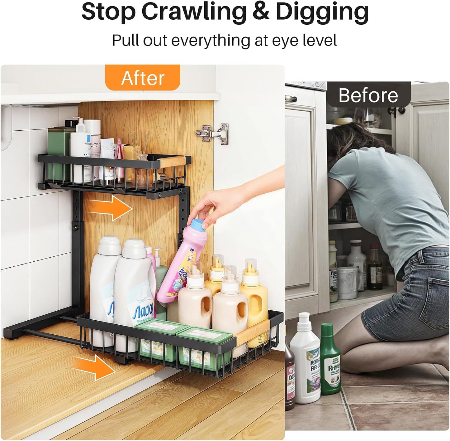 PXRACK Under Sink Organizer, Adjustable Height, 2 Tier Pull Out Under Cabinet Organizer, Slide Out Thickened Metal Under Sink Storage for Kitchen Bathroom Laundry Pantry Cabinet, White, Large-2-Pack