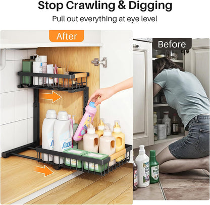 PXRACK Under Sink Organizer, Adjustable Height, 2 Tier Pull Out Under Cabinet Organizer, Slide Out Thickened Metal Under Sink Storage for Kitchen Bathroom Laundry Pantry Cabinet, White, Large-2-Pack