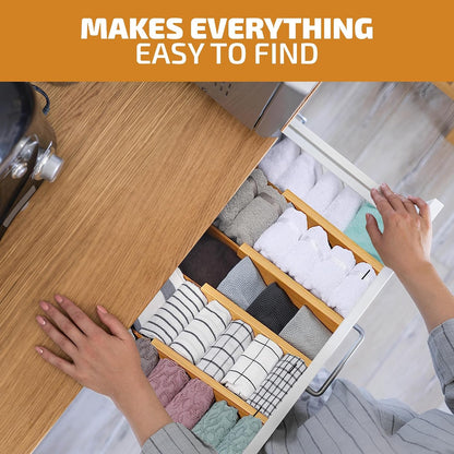 4-Pack Drawer Dividers 2.6-Inch High Dresser Organizer 16 to 22 Inch, Black | Bamboo, Spring Loaded, No Tools Needed, Fits Wide Drawers for Socks, Clothes, Utensils, Bedroom, Bathroom, Kitchen, Office