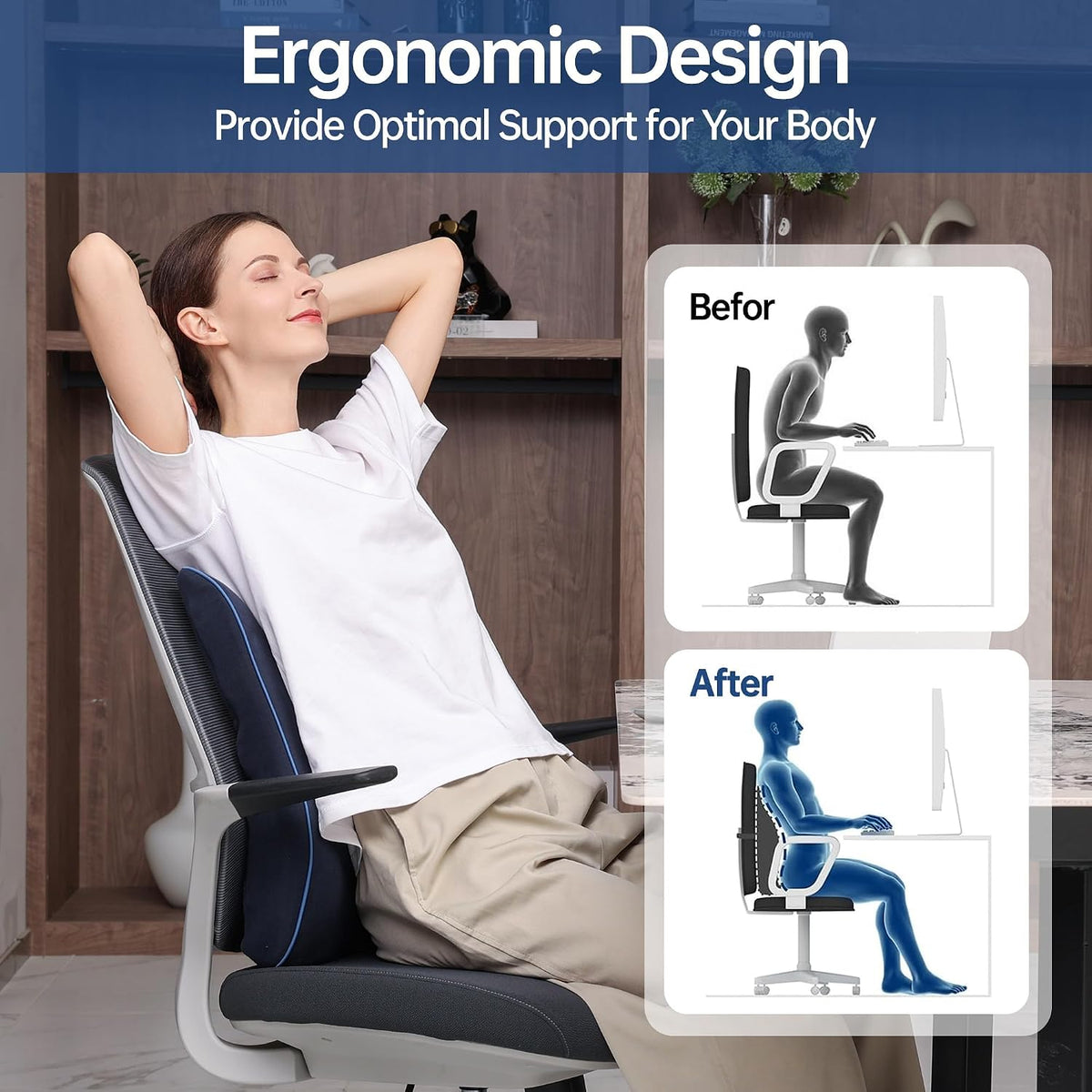 Soft Comfortable Memory Lumbar Support Pillow Back Cushion for Car & Office