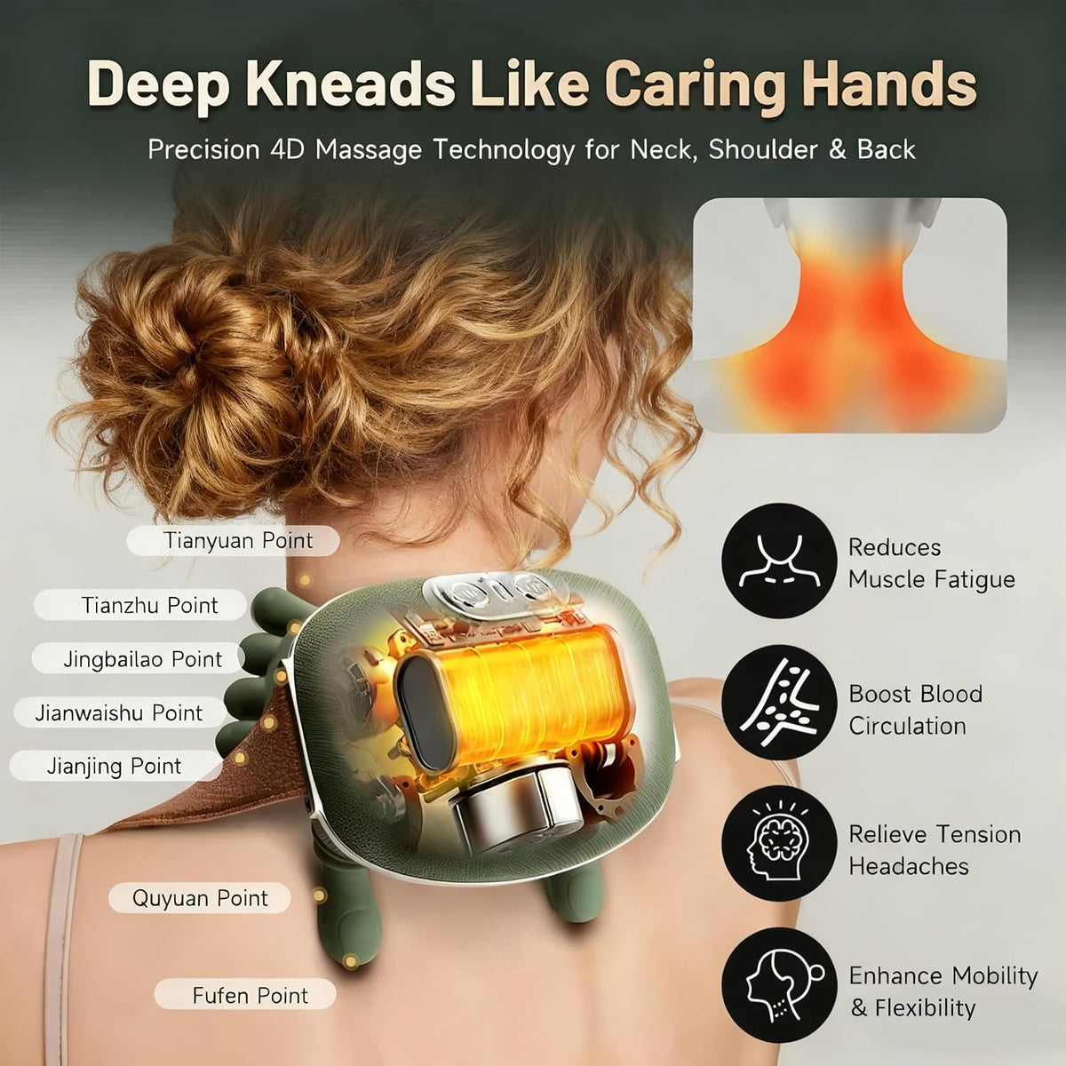 Shoulder and Neck Massager, Bionic Heated Massager, Neck Massager with Fingers, 4D Kneading Massage, Simulates a Real Palm Massage for Comfort, Relax Muscle Tension