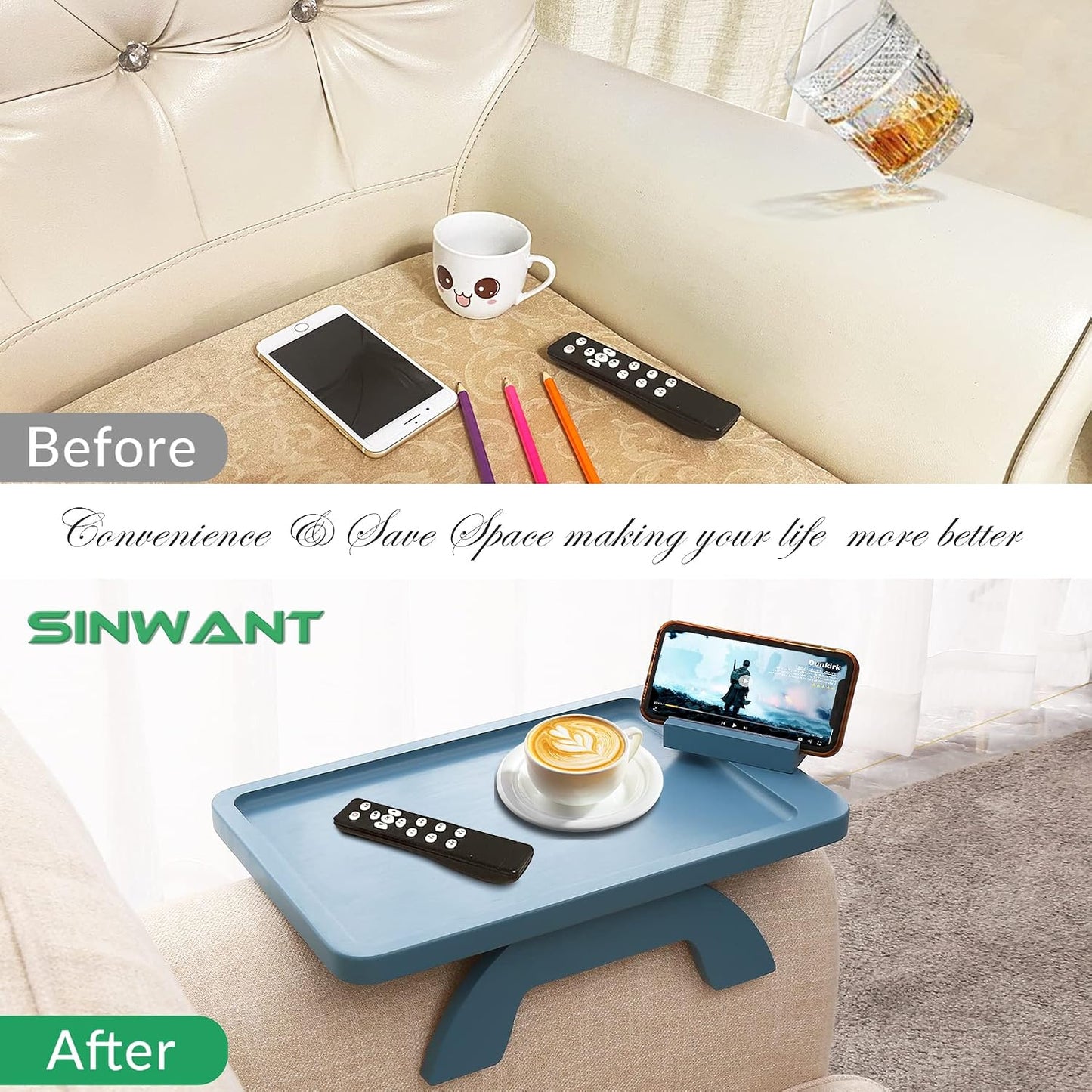 Couch Arm Tray,Bamboo Sofa Clip on Side Table,Foldable Couch Armrest Table with 360°Rotating Phone Holder,Anti Slip Food Trays for Eating/Drinks/Snacks/Remotes 15.35" x 9.85"