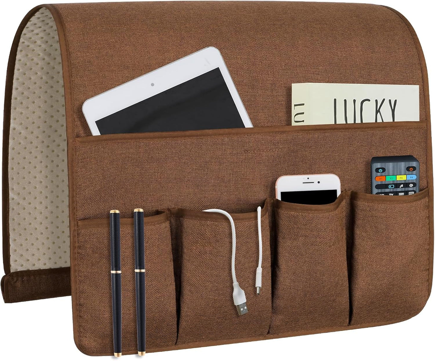 Remote Control Holders for Armchairs, Couch Caddy, Featuring Non-Slip Bases | 5 Pockets Bedside Storage Pocket for TV Remote Holder, Phone Tablet Kindle, Magazines, Gifts for Seniors (Beige, 35"X12.4")