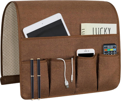 Remote Control Holders for Armchairs, Couch Caddy, Featuring Non-Slip Bases | 5 Pockets Bedside Storage Pocket for TV Remote Holder, Phone Tablet Kindle, Magazines, Gifts for Seniors (Beige, 35"X12.4")