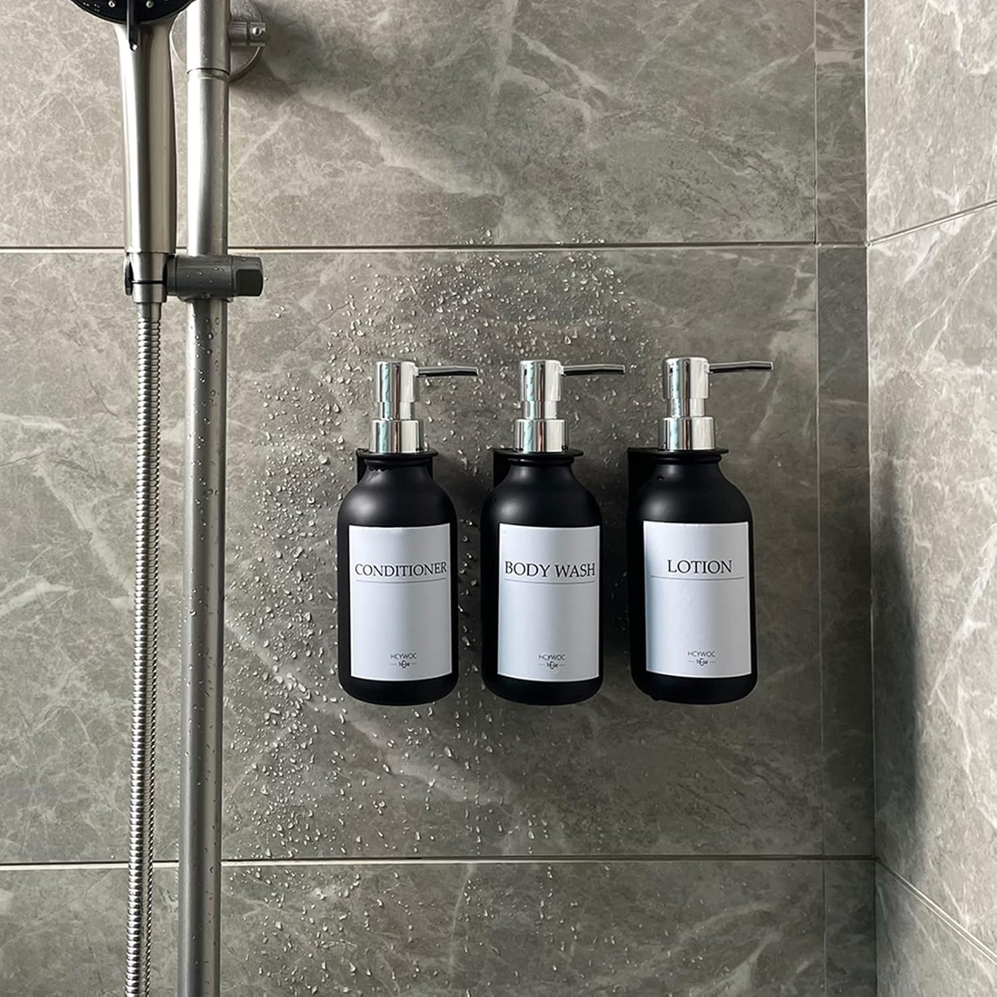 3 Pack Wall Mount Shower Dispenser, No Drill, 16 Waterproof Labels | Shampoo Dispenser for Shower Wall, Shampoo and Conditioner Dispenser, Bathroom, 17oz, Gold Amber