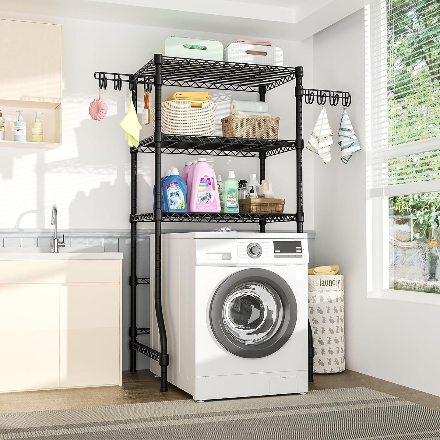 U8 Medium Laundry Room Storage Organizer, Over the Washer and Dryer Storage Shelves for Laundry Organization, 32.3”W x 17.3”D x 76.2”H, Suit Washing Machine Width within 29.9”, Hold 304 lb, Black