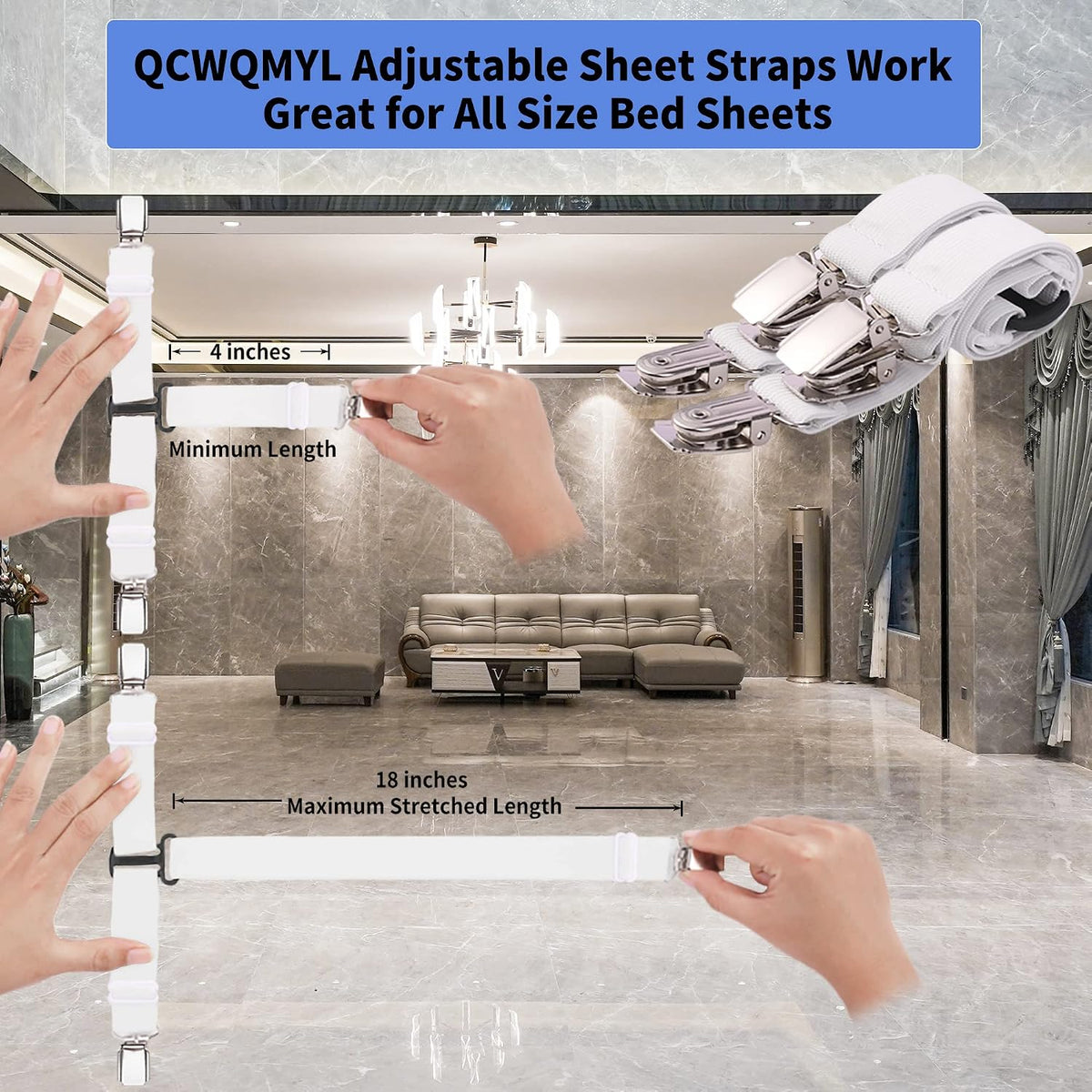 Upgrade Design Bed Sheet Straps 4/ Adjustable Fitted Sheet Clips Sheet Holders for Corners Sheet Fasteners (Grey, One Size)