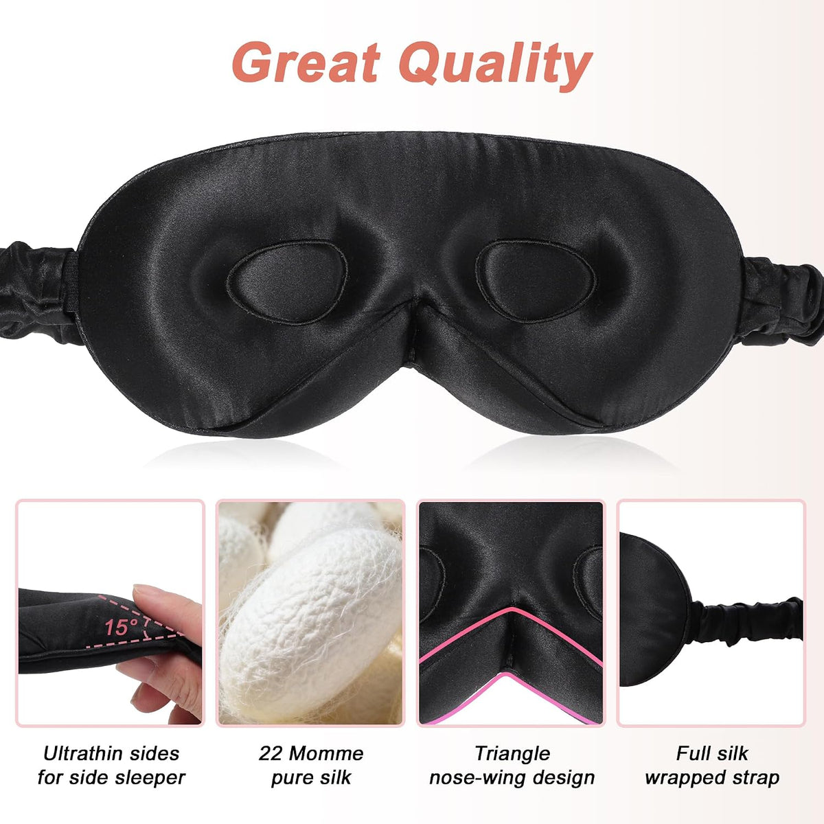 VOCOSTE 3D Silk Sleep Mask with Travel Pouch, Bean Pink