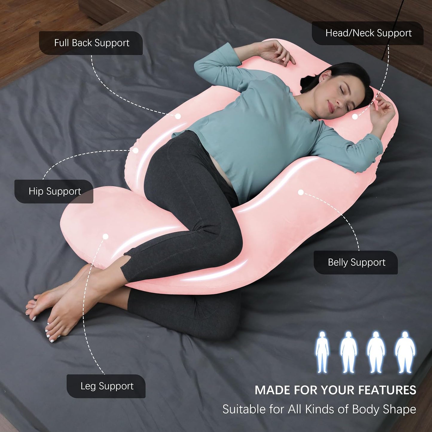 MOON PARK Pregnancy Pillows for Sleeping - 57 Inch U Shaped Full Body Maternity Pillow with Removable Cover - Support for Back, Legs, Belly, Hips - Pregnancy Pillow for Women - Grey