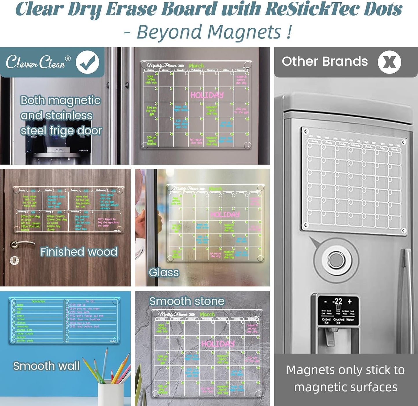 Clear Non-Magnetic Calendar Set for Fridge - Dry Erase Transparent Monthly and Weekly Calendar, List and Blank Whiteboard - Sticks to Wall, Glass, Door, Any Smooth Surfaces