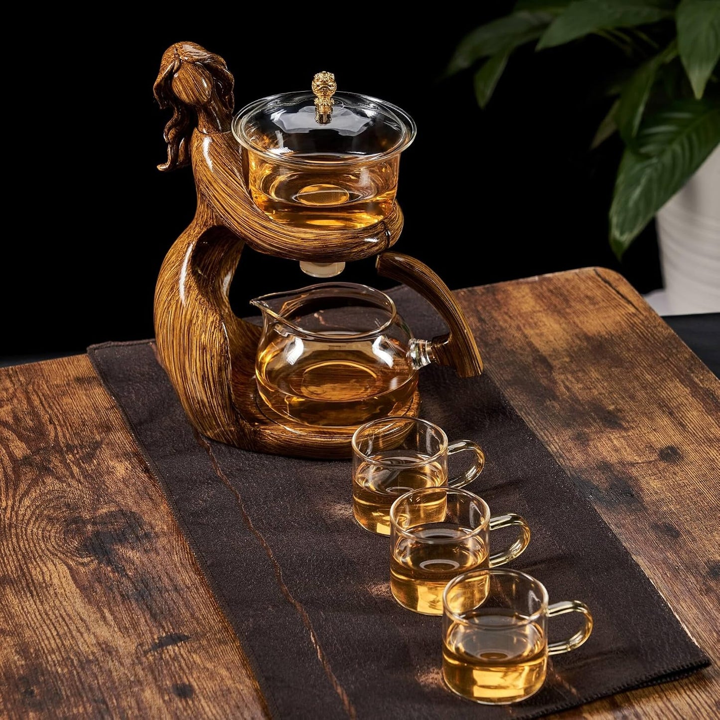 Glass Kungfu Teapot Set Tea maker with Infuser Semi Automatic Tea Set with 6 Small Cups (Red)