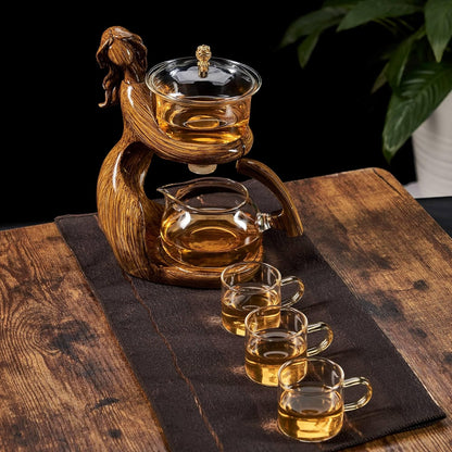 Glass Kungfu Teapot Set Tea maker with Infuser Semi Automatic Tea Set with 6 Small Cups (Red)
