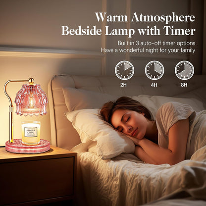 Candle Warmer Lamp with Timer Dimmer, Modern Wax Warmer for Scented Wax Jar Candle Warmer with 2 Bulbs, Adjustable Height Glass Lamp for Gifts for Women, Home Decor, Gold Amber