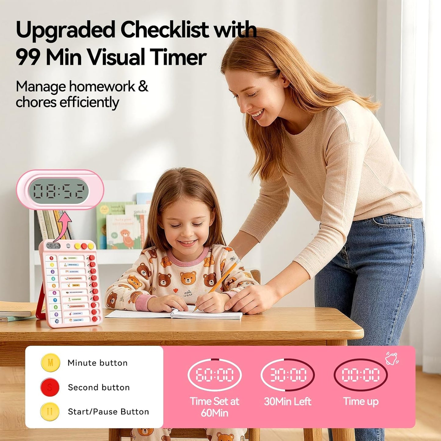 Chore Chart for Kids with Timer, 21 PCS Checklist Magnetic Schedule Board, ADHD Tools with 99-Min Countup/Down Visual Timer, Bedtime/Morning/Daily Routine Chart Dry Erase to Do List with Slider(White)