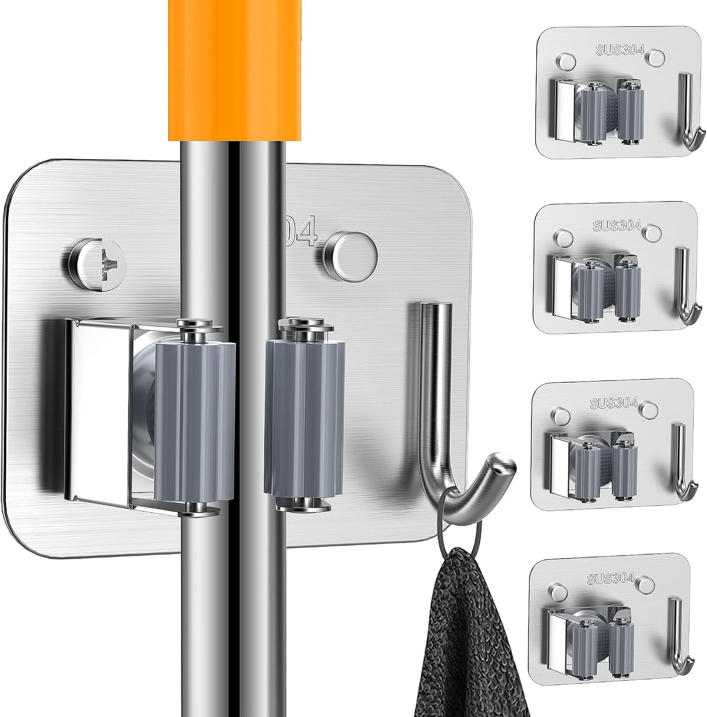 4 Pack Stainless Steel Mop and Broom Holder Wall Mount with Hook, Silver | Screw Drilling or Self Adhesive Storage Rack for Closet Laundry Garage Garden Tool Organizer
