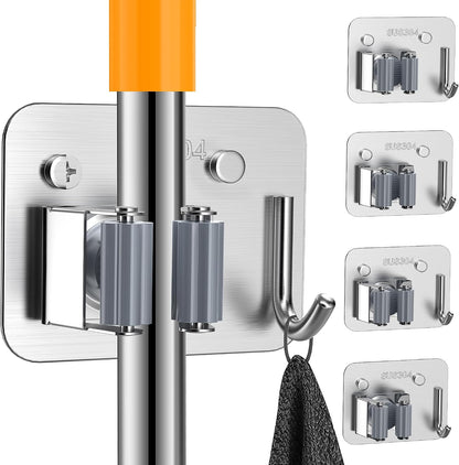 4 Pack Stainless Steel Mop and Broom Holder Wall Mount with Hook, Silver | Screw Drilling or Self Adhesive Storage Rack for Closet Laundry Garage Garden Tool Organizer