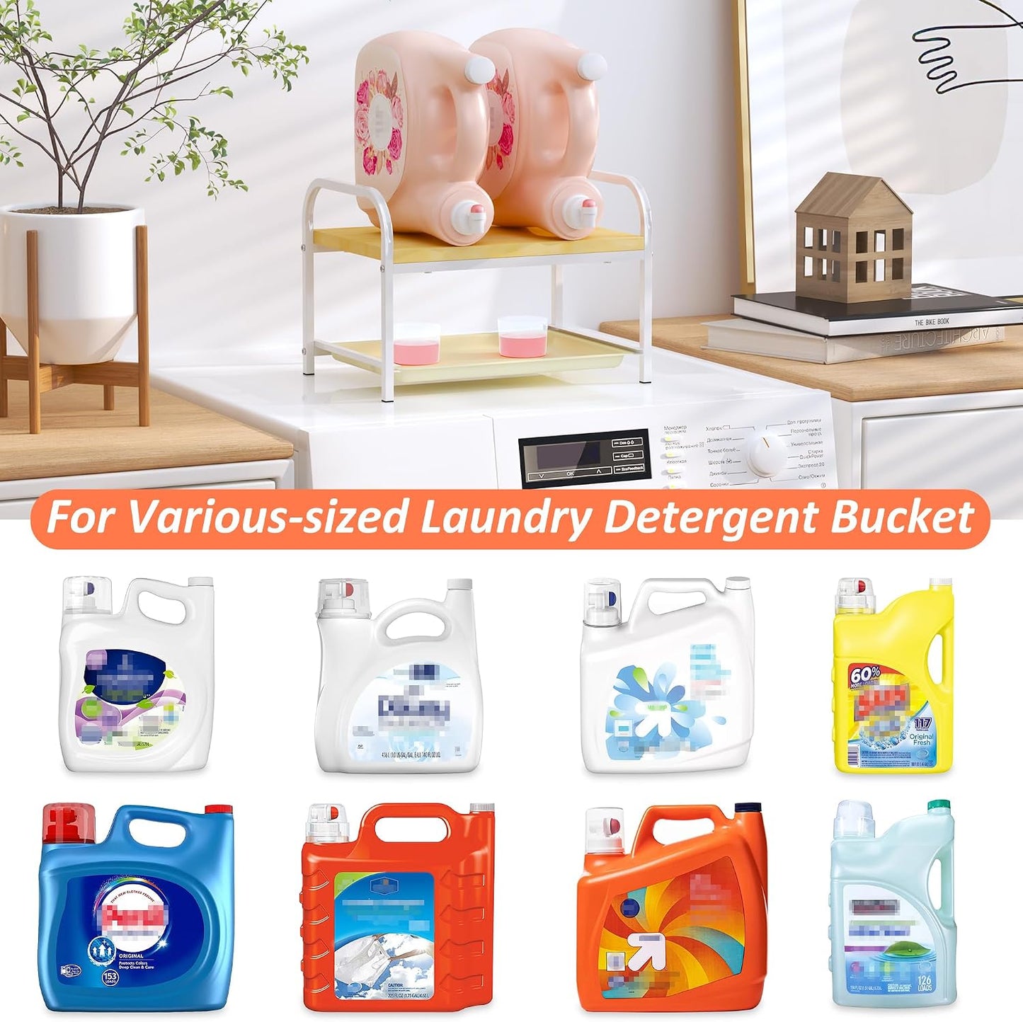 Laundry Detergent Holder & Organizer with Drip Tray, Soap Dispenser & Storage Stand for Laundry Room, Kitchen, Bathroom, White