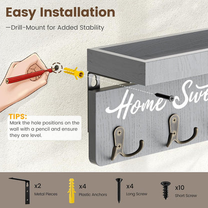 buways Key Holder Wall Mount with 8 Hooks and Cozy Home Sign (Gray) | Solid Wood, Floating Shelf for Keys, Mail, and Daily Essentials in Entryways, Hallways or Home Decor