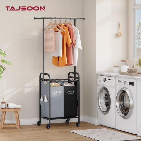 Laundry Cart with Hanging Rack, 65 Gal. Large Laundry Hamper, Beige | Rolling Laundry Cart with Hanging Bar with Removable Bag and Lockable Wheels, Separator Hamper Cart for Bedroom, Bathroom