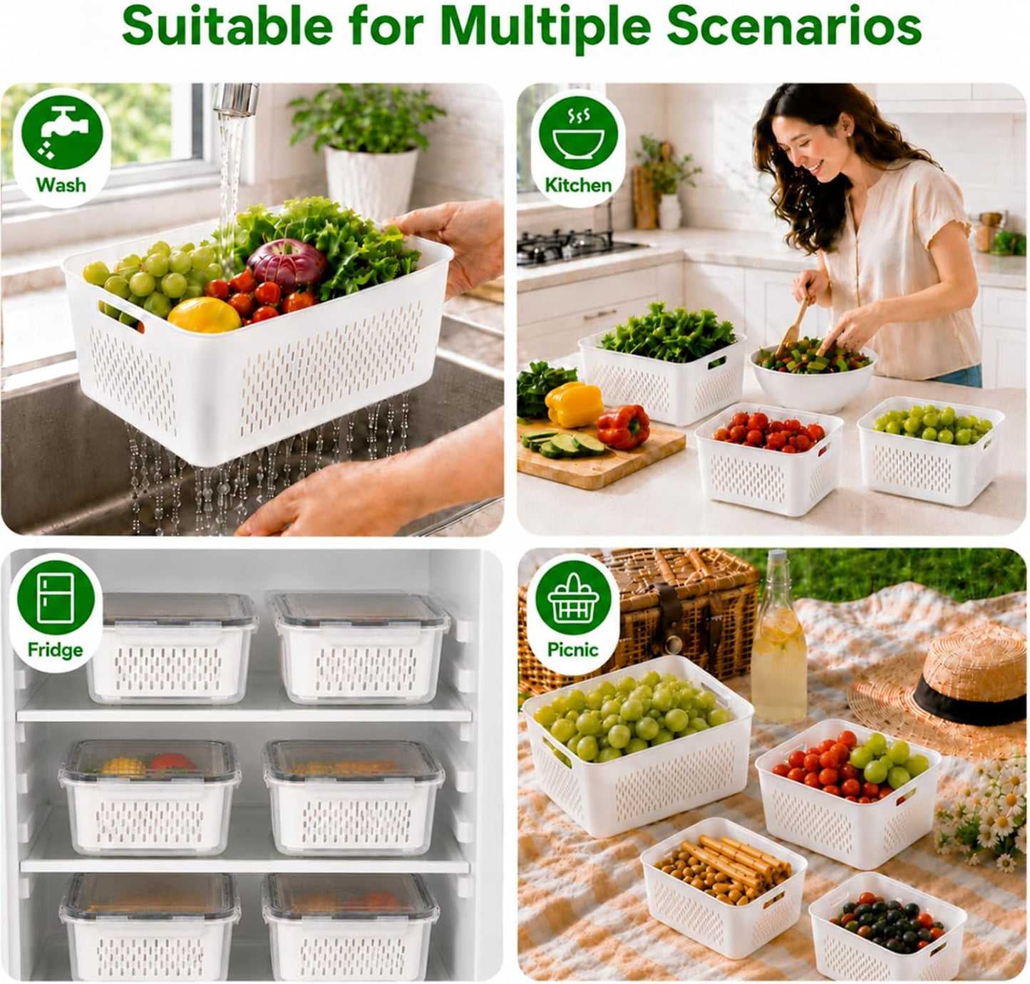 UFORU 4 Pack Fruit Storage Containers, Airtight Produce Saver for Fridge | Airtight refrigerator storage containers with removable colander and stackable design for berries, fruits and vegetables