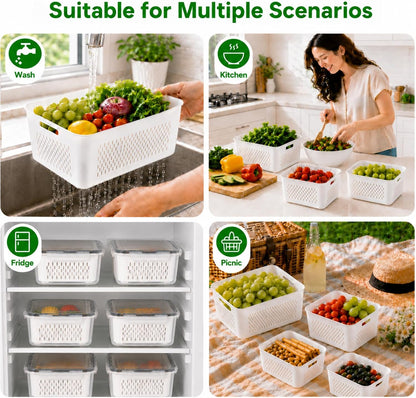 UFORU 4 Pack Fruit Storage Containers, Airtight Produce Saver for Fridge | Airtight refrigerator storage containers with removable colander and stackable design for berries, fruits and vegetables