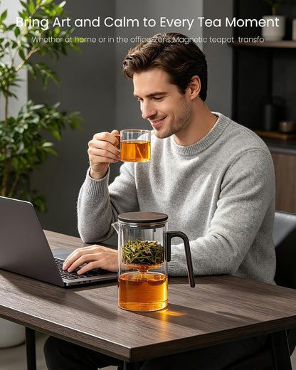 ZENS Magnetic Glass Infuser Teapot for Loose Tea, 27oz Walnut Wood Handle | Magic Teapot with Infuser, Echanted Tea Maker, Mess-Free Loose Leaf Tea Diffusers for Tea lover Gifts
