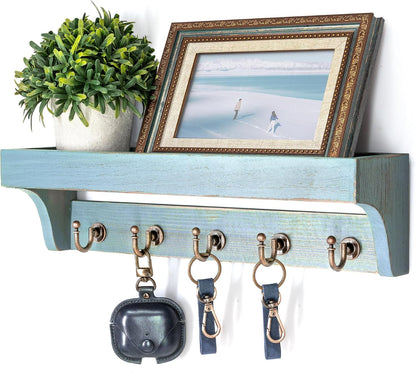 Rebee Vision Key Holder Wall Mount with 5 Hooks for Entryway, Retro Brown | Display Shelf for Plant & Letters, Key Shelf for Hats, Dog Leashes, Mail Organizer, Decorative Entryway & Living Room