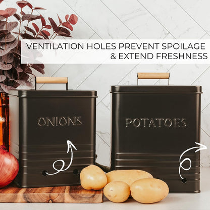 Beautiful Potato and Onion Storage Container Set - Food Safe Metal Bins | Spacious 10.1" and 8.9" Canisters for Your Kitchen Counter or Pantry - Keeps Produce Fresh Longer
