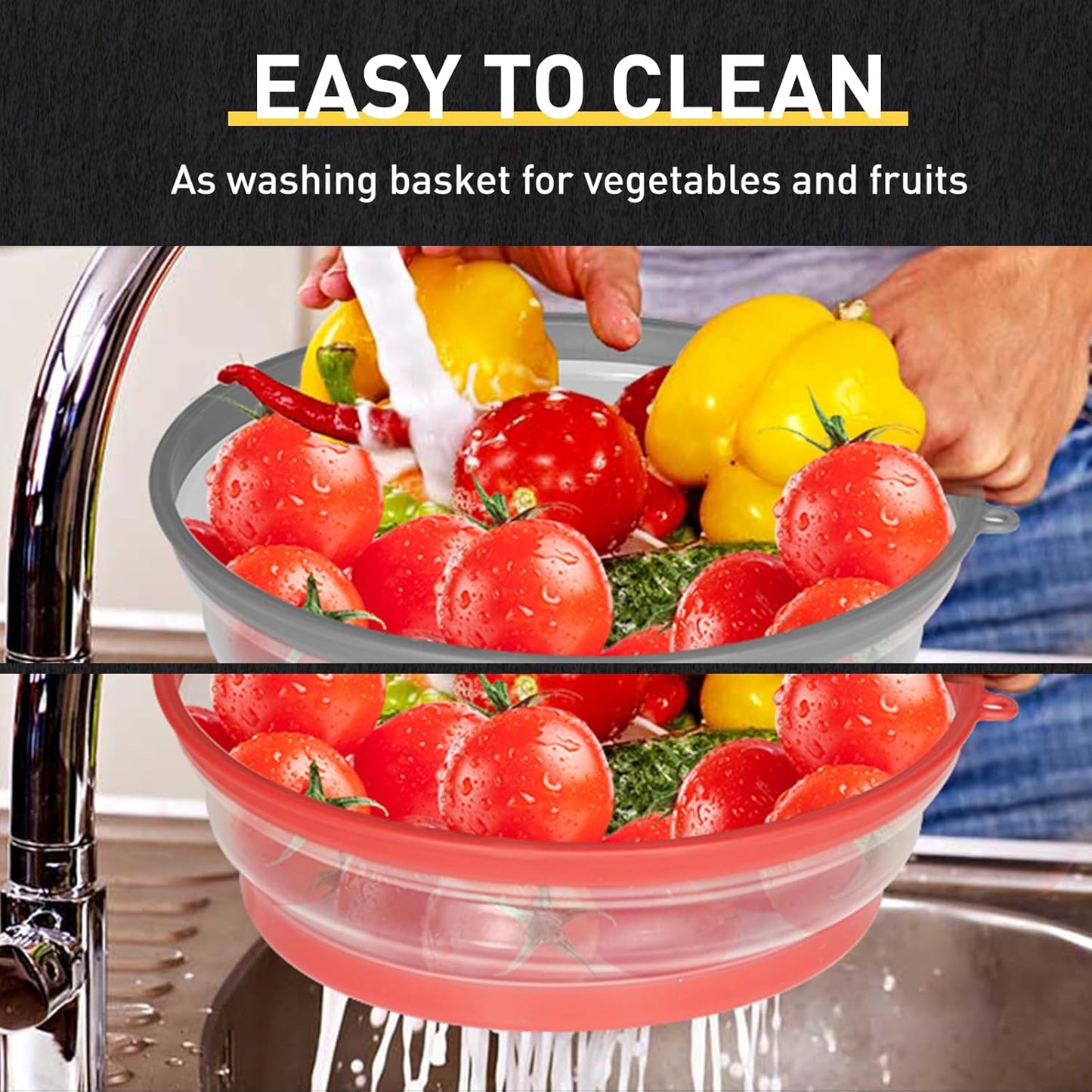 2 Pack Collapsible Microwave Splatter Cover, Red & Grey | Vented Microwave Splatter Guard Food Cover with Hook Hole, Vegetable Fruit Colander Multi-function Kitchen Gadget