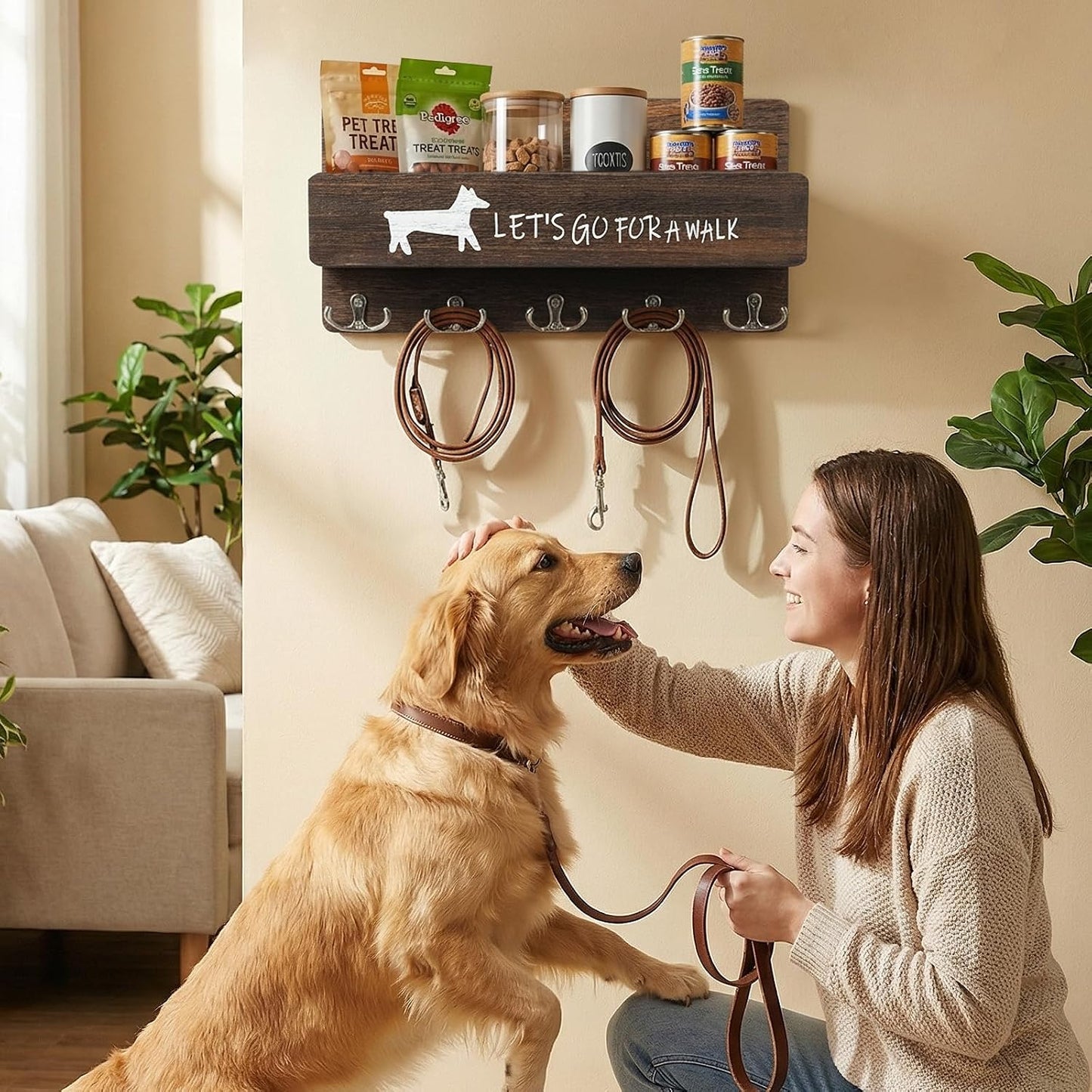 Wood Dog Leash Holder for Wall, Key Hanger with 5 Double Key Hooks | Dog Leash Hanger Wall Mounted for Entryway, Farmhouse Treats,35cm,Brown
