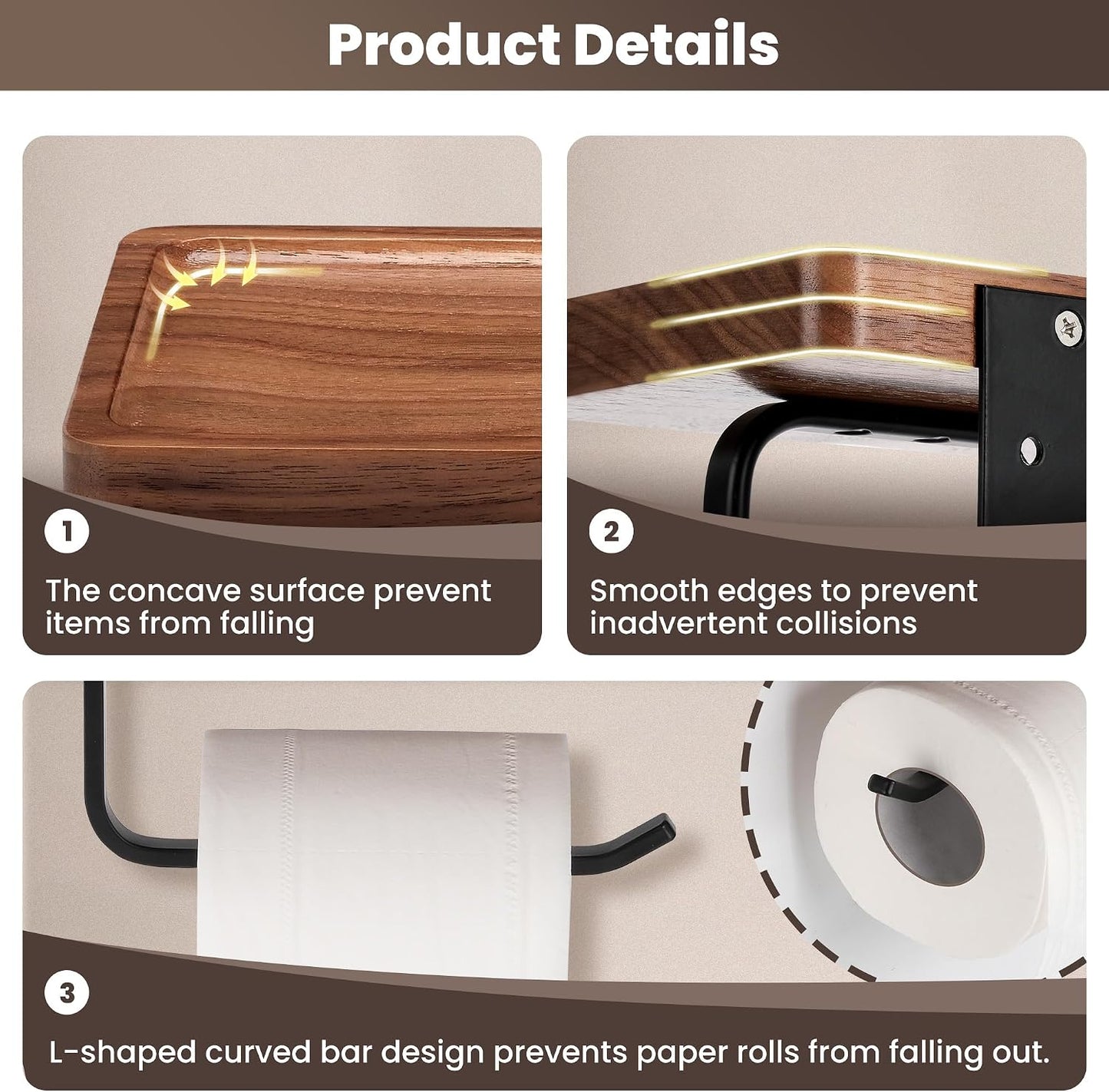 Toilet Paper Holder Walnut Wood Shelf - Wall Mount & Self-Adhesive | Bathroom Tissue Holder, Black Stainless Steel with Walnut Shelf for Phone - Home Apartment Restroom Decor Essentials