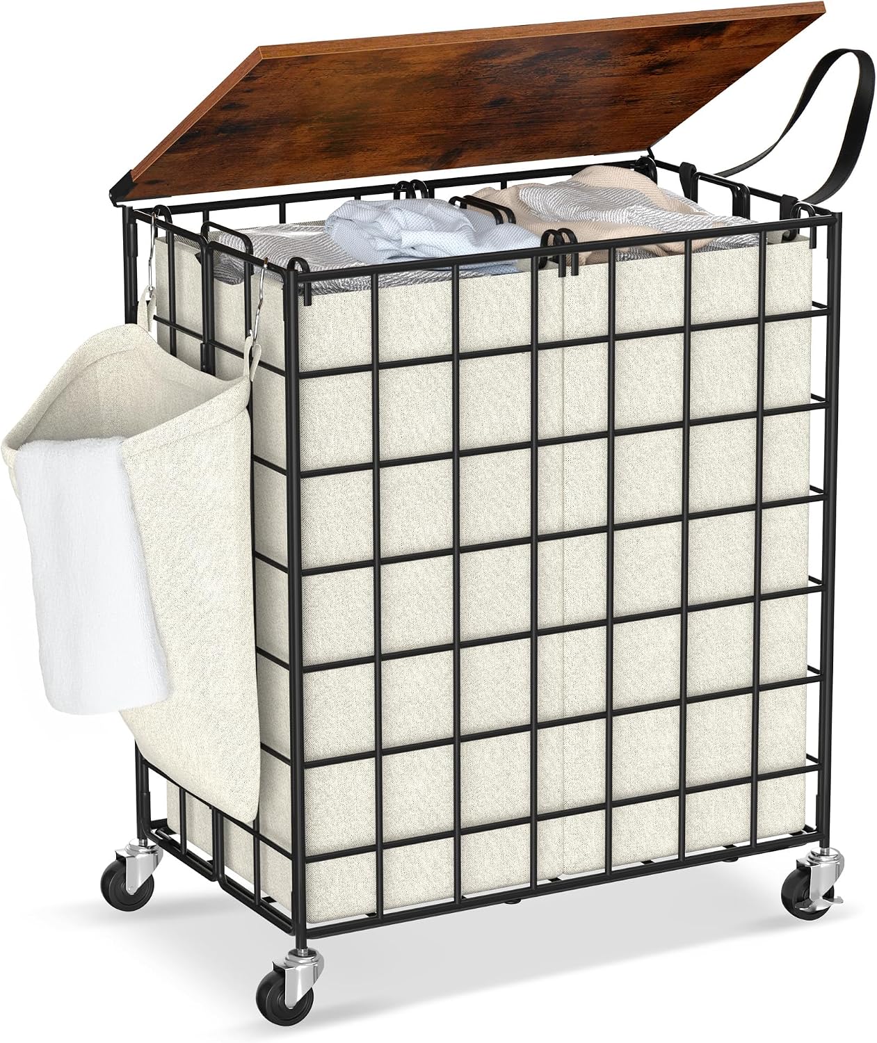 90L Laundry Basket with Wheels, Large Capacity Laundry Hamper with Removable Liner Bags, Heavy Duty Laundry Sorter with Solid Wood Lid & Leather Handles, Grey