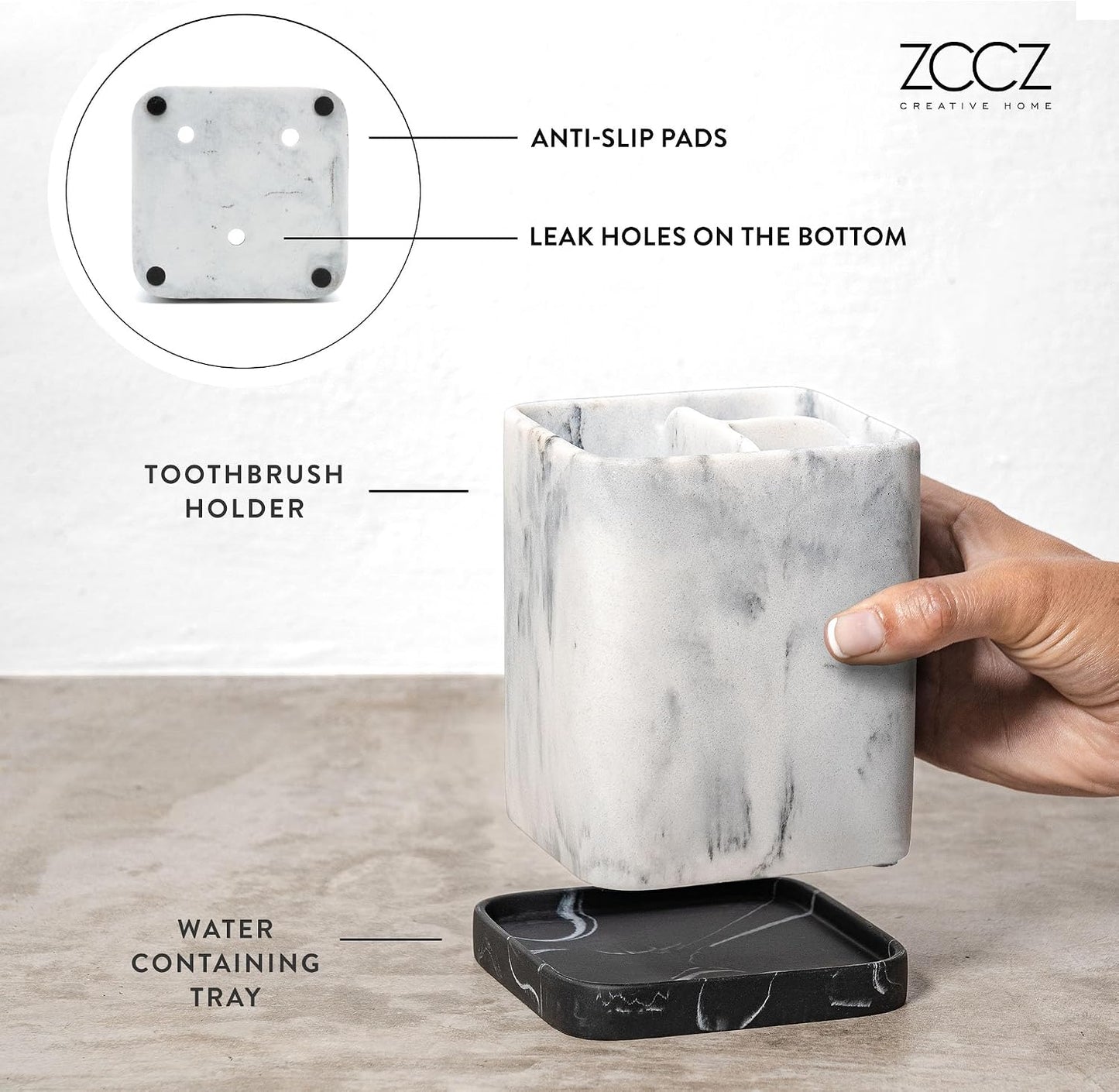 Marble Look Toothbrush Holder for Bathroom Countertop Organizer, Holds Toothpaste, Dental Floss, Razor, Comb, Makeup Brushes, and More, Stylish Bathroom Accessory for Tooth Brushing Essentials