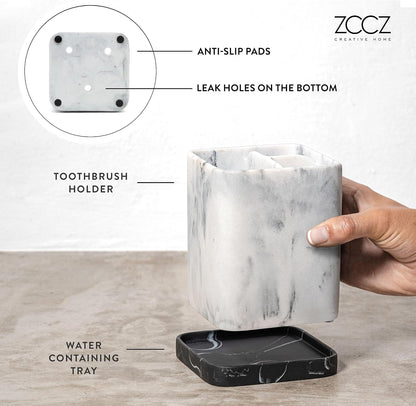 Marble Look Toothbrush Holder for Bathroom Countertop Organizer, Holds Toothpaste, Dental Floss, Razor, Comb, Makeup Brushes, and More, Stylish Bathroom Accessory for Tooth Brushing Essentials